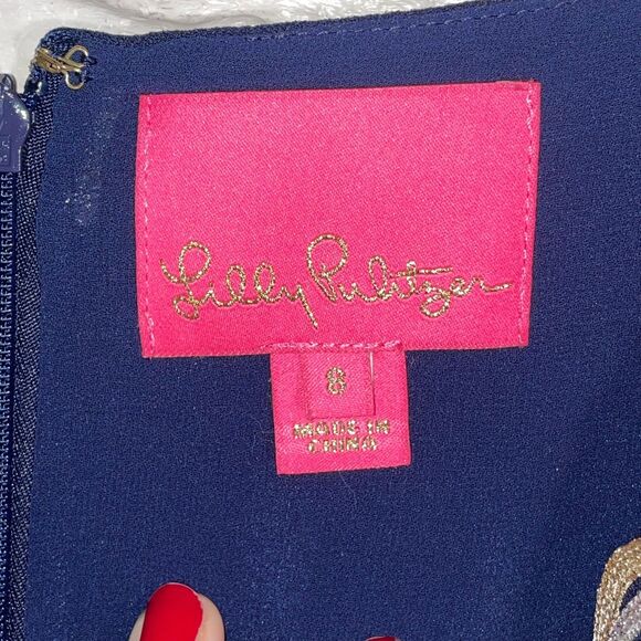 Lilly Pulitzer Navy Blue Shift Dress Size 8 Gold Silver Embroidered Resort Wear - Picture 4 of 11